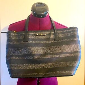 Kate Spade Black & Silver Glitter Striped Tote